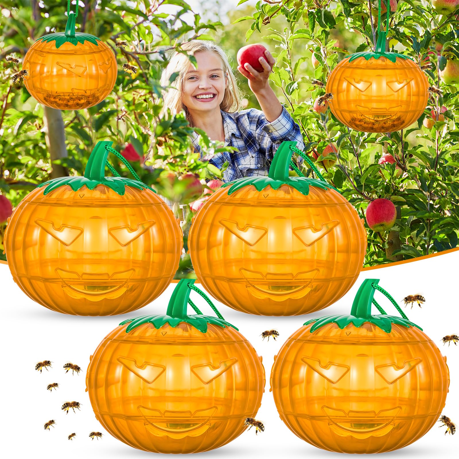 4 Pack Wasp Trap, Carpenter Bee Trap Yellow Jacket Trap Wasp Traps Outdoor Hanging, Bee Trap for Outside, Wasp Repellent Outdoor for Trapping Hornet, Bee, Insects, Pumpkin Shaped Orange
