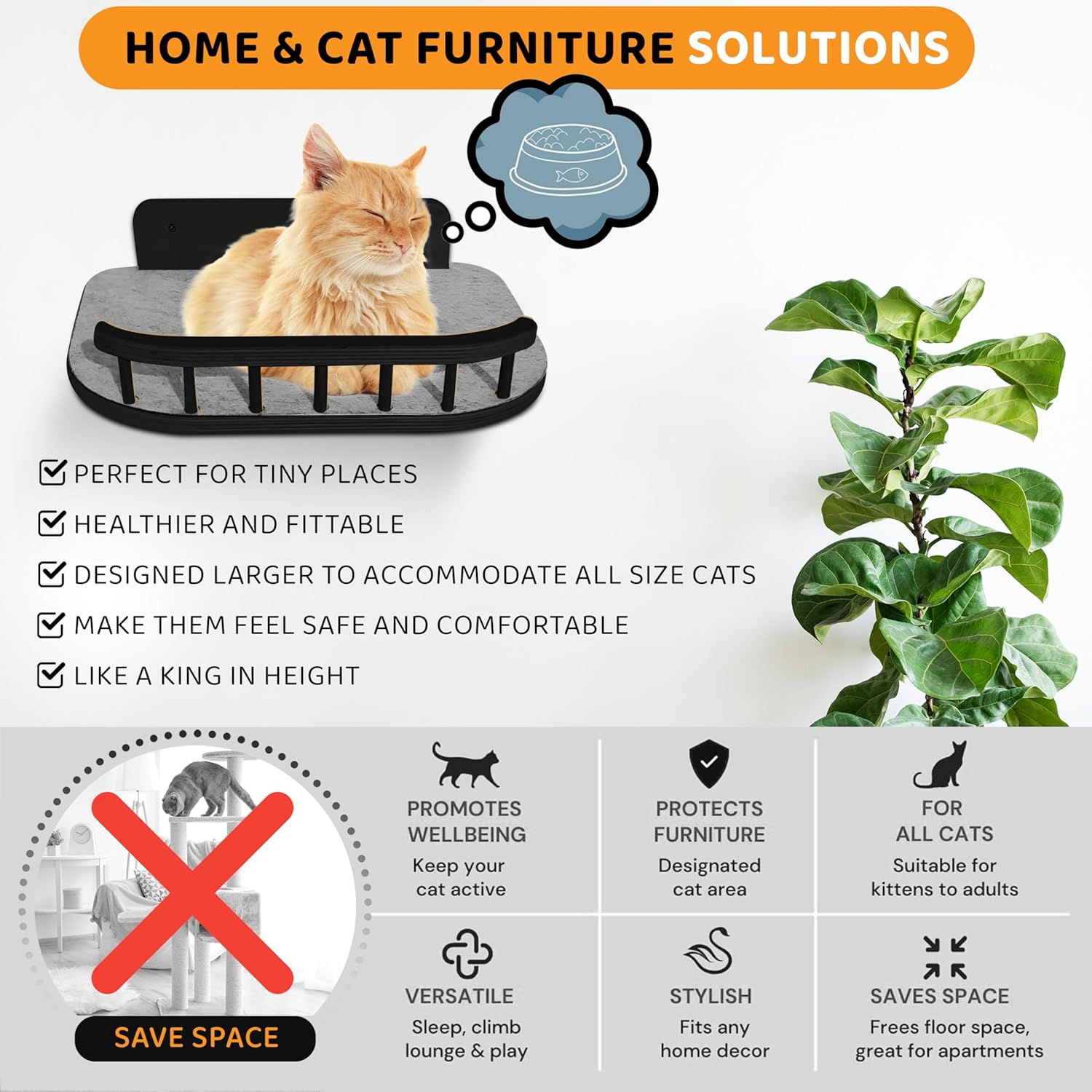 Cat Wall Shelves – 3 Steps Climbing Furniture & Perch for Indoor Cats up to 30lbs, Wooden Floating Shelf with Non-Slip Pad Bed, Modern Corner & Wall Mounted for Playing and Lounging - Black