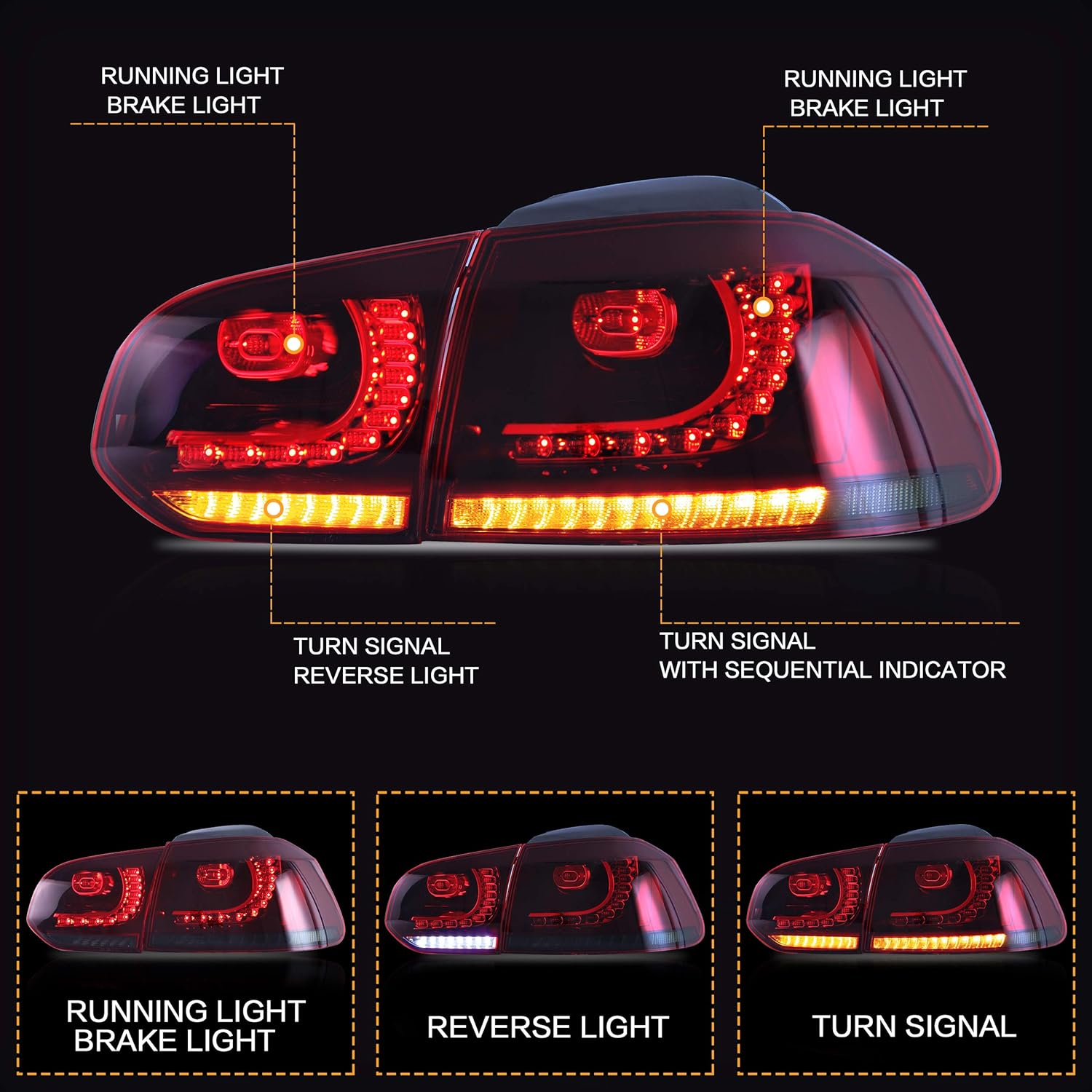 VLAND Tail lights Assembly Fit for Golf 6 2010-2014, Rear Lamps with DRL, Back light w/Fog Lights & Sequential Turn Signal, Red and Smoke