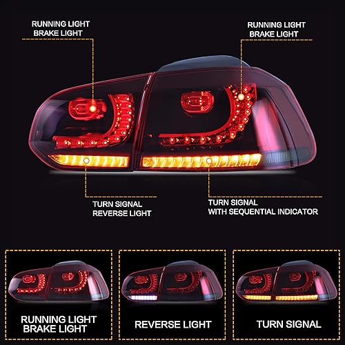 Miniatura 2 de VLAND Conjunto de luces traseras para Golf 6 2010-2014, luces traseras con DRL, luz trasera con luces antiniebla y señal de giro secuencial, rojo y
