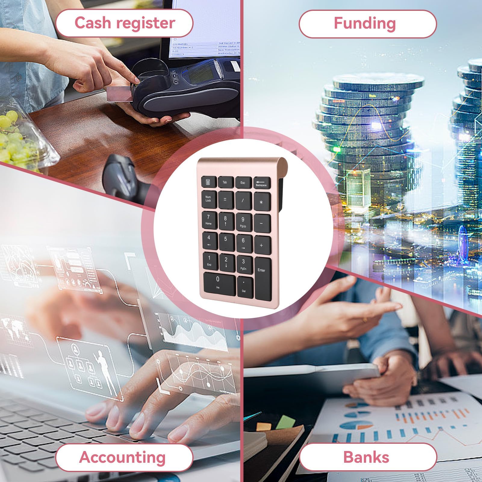 Agatige Mini Teclado Numérico de 22 Teclas, Teclado Numérico Inalámbrico Portátil de 2.4G con Receptor USB para Computadora de Escritorio Portátil Entrada de Datos de Acceso Directo a PC(Oro Rosa)