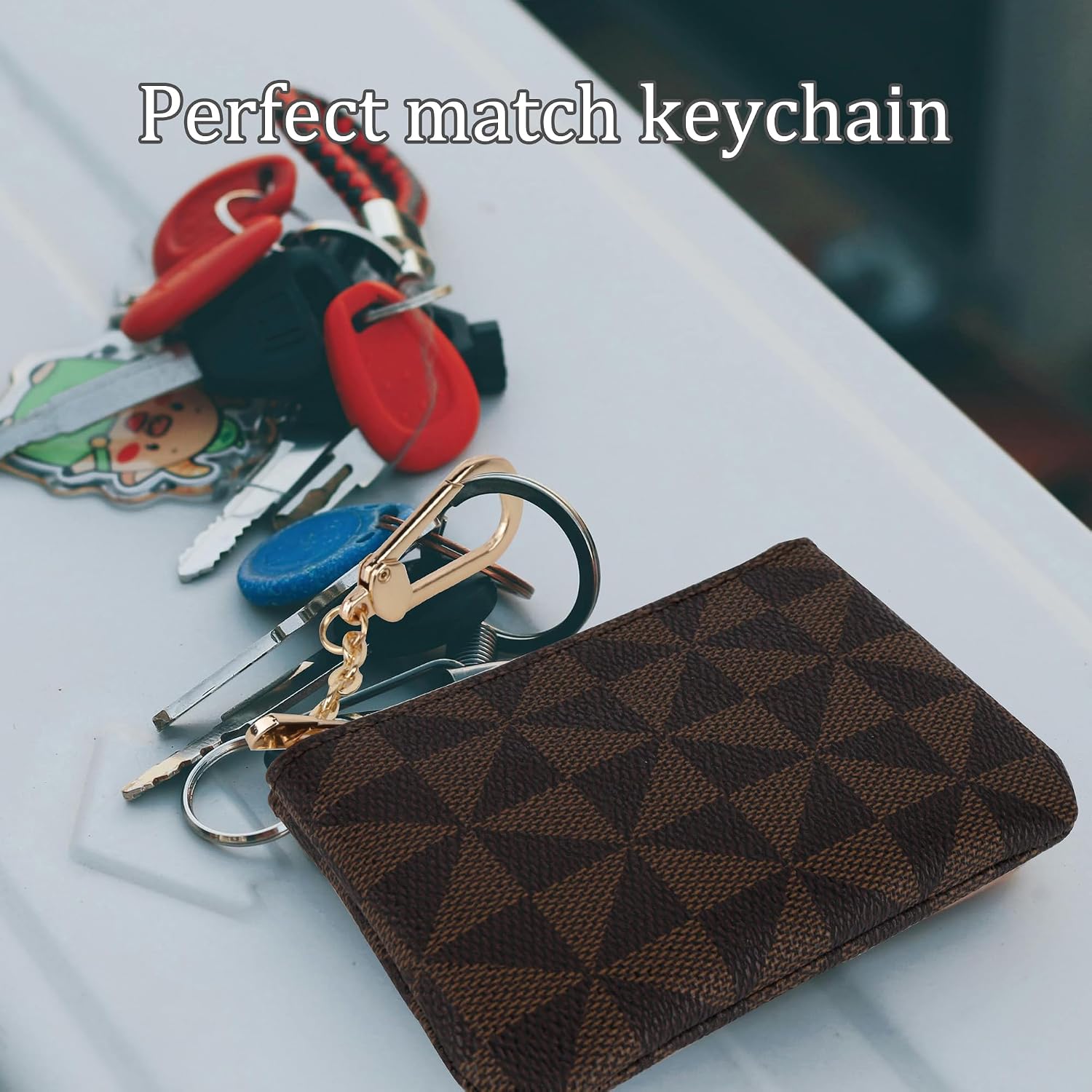Veki Coin Purse Change Mini Purse Wallet With Key Chain Ring Zipper，Brown | Fashionable Bag Key Chain Pendant Leather Classic Clutch Purse for Men Women