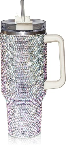 Vaso de 40 onzas con diamantes de imitación con asa, popote y tapa, botella de agua de doble capa de acero inoxidable aislada para mujeres, taza de