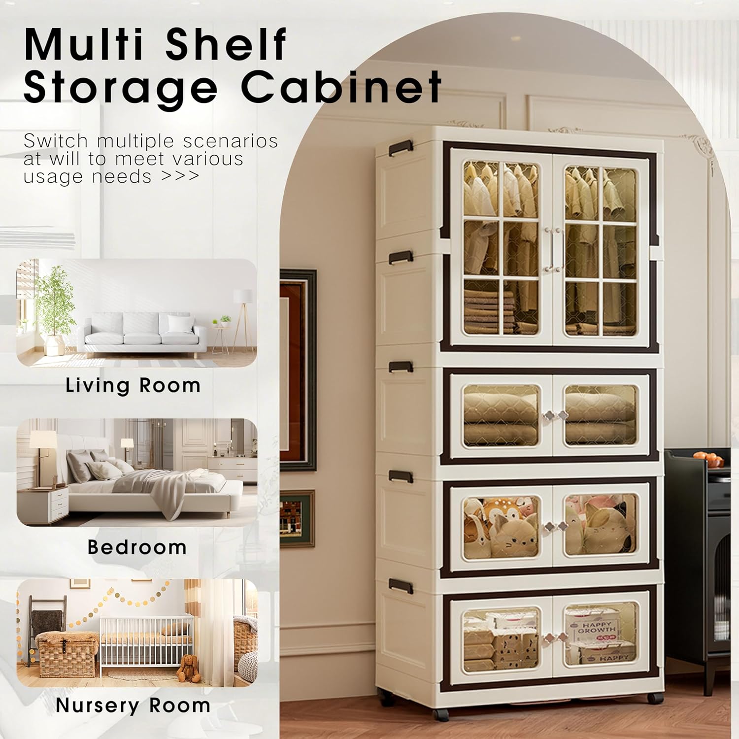 SunSettler Stackable Plastic Storage Cabinet with Transparent Windows, Collapsible Closet Organizer with Wheels (3+1 Plus)