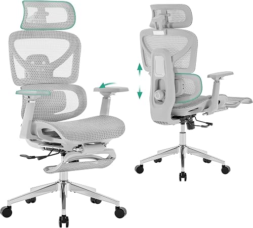Cozyman Ergonomic Office Chair with Footrest - 5-Level Adjustable Lumbar Support & 90-135°Recline, 3D Headrest & 4D Armrests, Breathable Mesh Seat Computer Chair for Home Office, Gaming, Light Grey