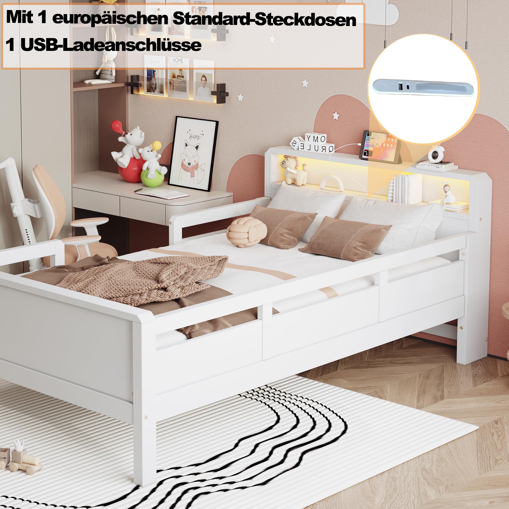 LED Bett 90x200 cm Kinderbett mit Rausfallschutz und Stauraum-Kopfteil, Kinder Bett Einzelbett mit USB-Type-C-Kombi-Steckdose, Holzbett Bettrahmen mit Lattenrost, Weiß, Ohne Matratze