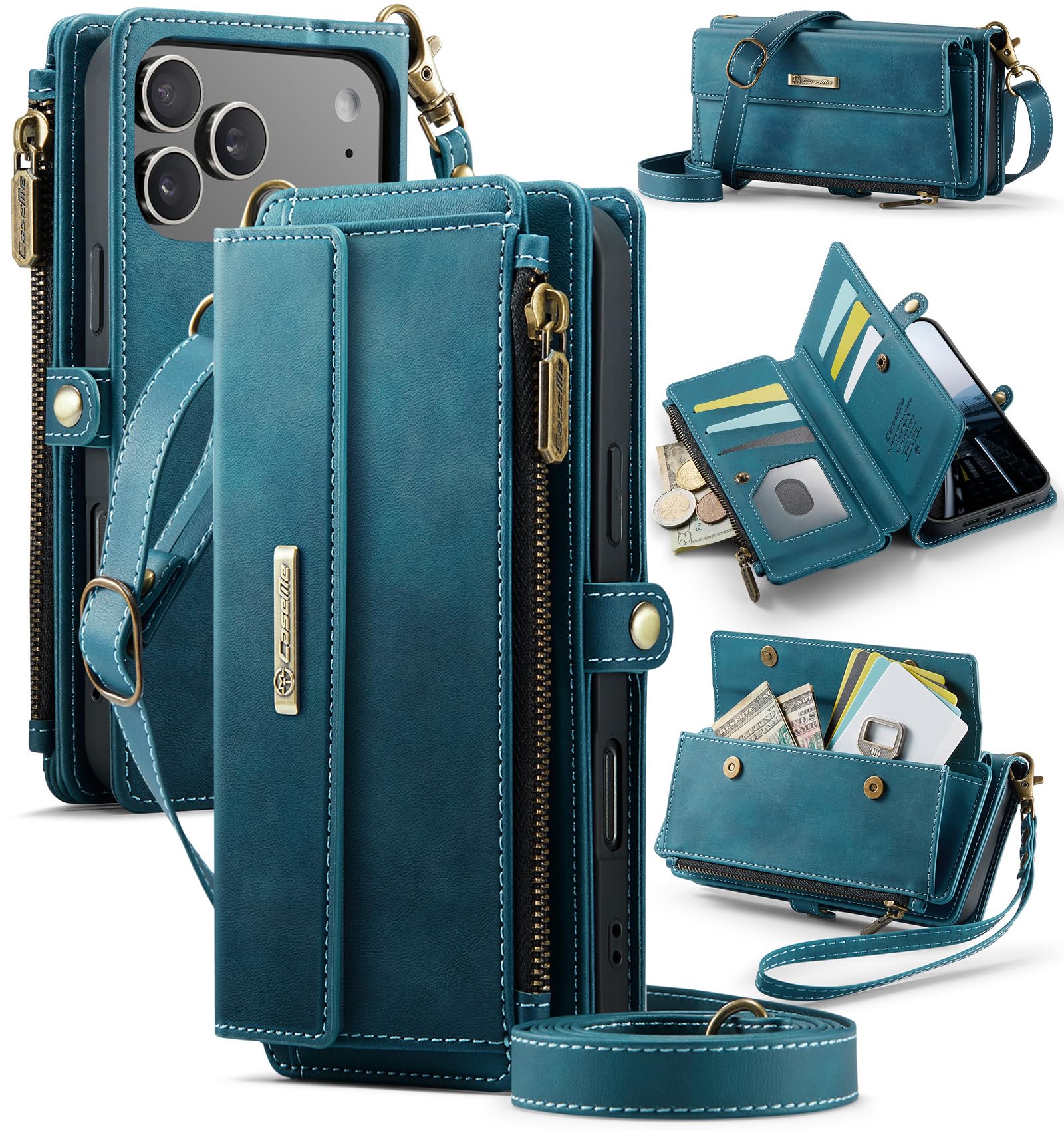Etui portfelowe na iPhone'a 17 Pro, z 9 przegródkami na karty, blokujące RFID, magnetyczne zamknięcie, kieszeń na rachunki gotówkowe, skóra PU, z paskiem na nadgarstek crossbody, zielone