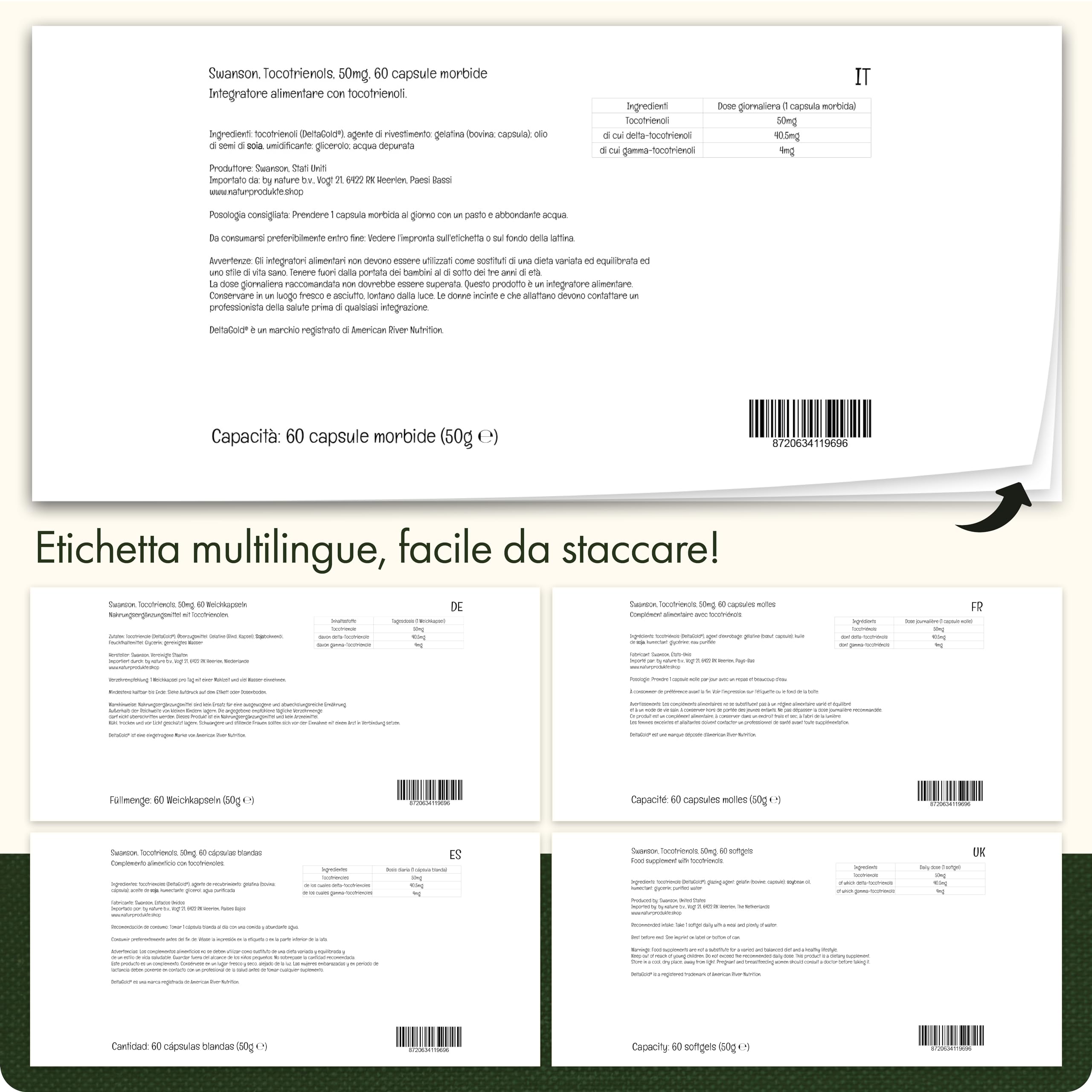 Swanson, Tocotrienoli, Vitamina E, 60 Capsule morbide, Altamente Dosate, Testate in Laboratorio, Senza Glutine, Non OGM