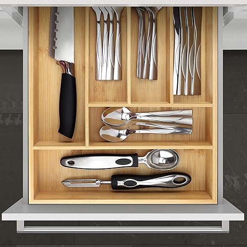 Miniatura 4 de Hamillar Bandeja organizadora de cubiertos de bambú, cajón de cocina, soporte para utensilios expandible, bandeja para cubiertos para el hogar,