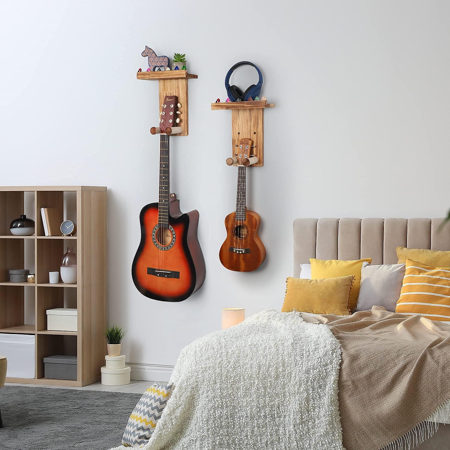 Keebofly Guitar Wall Hanger,2 Pack Guitar Wall Mount Holder Guitar Hanger Shelf with Pick Holder Solid Pine Wood Guitar Rack for Acoustic or Electric Guitar,Ukulele,Bass,Mandolin Brown，[Patented]