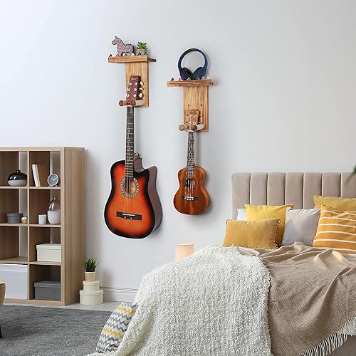 Miniatura 75 de Keebofly Soporte de pared para guitarra, paquete de 3, colgador de guitarra de madera rústica con soporte para púas para acústico, eléctrico, bajo