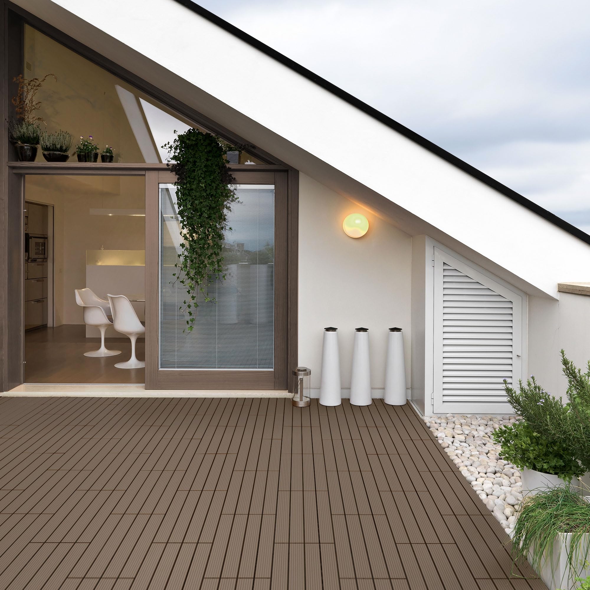 ECD Germany WPC Terrassenfliesen 60x30 cm/6 Stück=1m² Dunkelbraun, geriffelt, Holzoptik, Bodenbelag mit Klicksystem und Drainage, Terrassendielen Balkonfliesen, Klickfliesen für Terrasse Garten Balkon