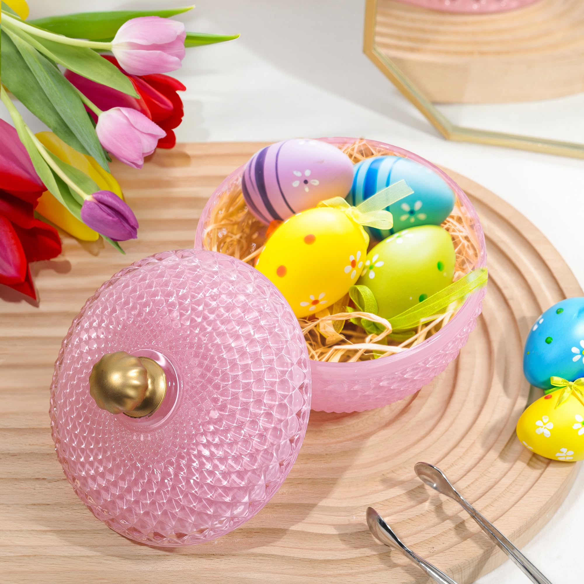 Joeyan Piccoli Barattoli Dolci in Vetro Rosa con Coperchio,Piatti di Caramelle in Vetro Rilievo per Noci,Cioccolato,Biscotti,Barattolo Decorativo per Matrimoni,Buffet Festa,Decorazioni per la Casa