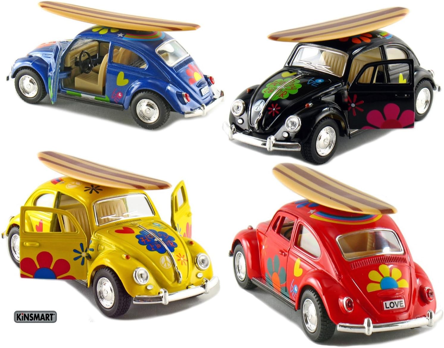 Kinsmart Set of 4 5 Classic Volkswagen Beetle with Decal and Surfboard 132 Scale (BlackBlueRedYellow)