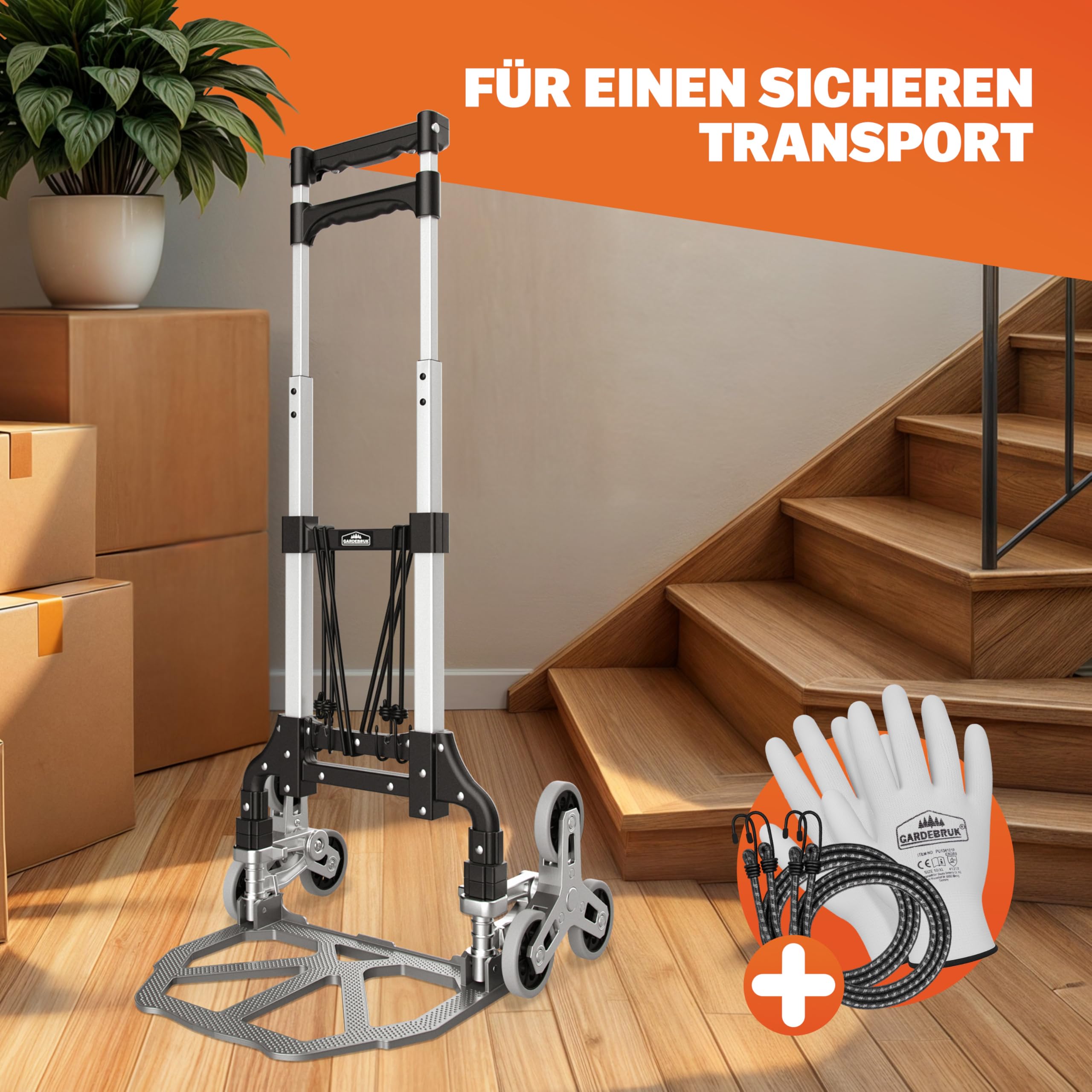GARDEBRUK® Treppenkarre klappbar - Aluminium Transportkarre mit pannensicheren Reifen - 80 kg Tragkraft - inkl. Handschuhe & Expander - Faltbare Sackkarre für Treppen & Garten