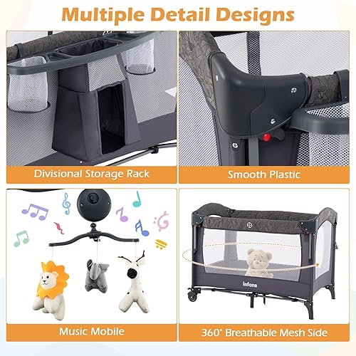 Miniatura 5 de INFANS Cuna de bebé 4 en 1, convierte paquete y juego en cuna portátil con cambiador de pañales, colchón, bolsa de transporte, caja de música,