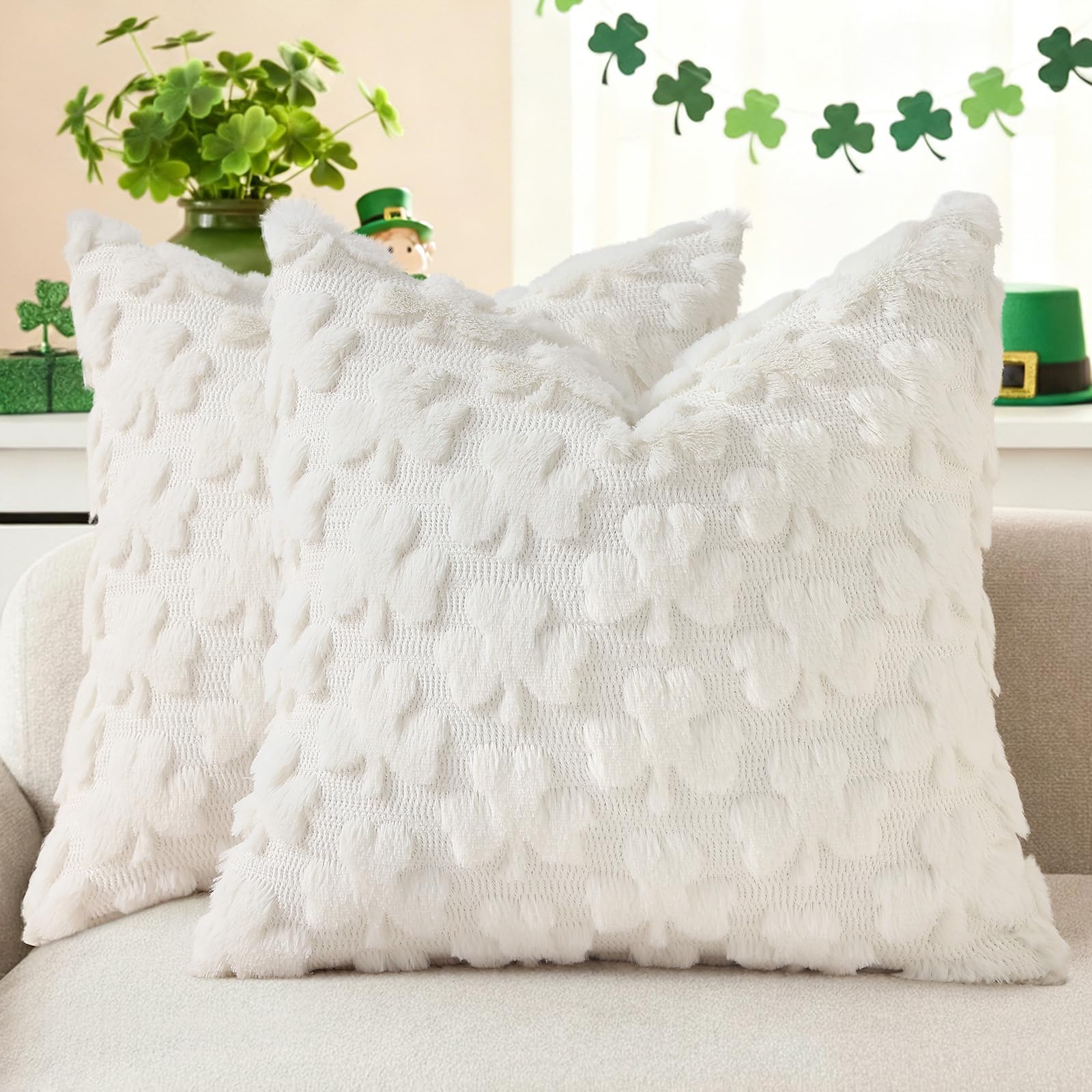 decorUhome Faux Fur Throw Shamrock Cream White Pillow Covers 20X20 Set of 2