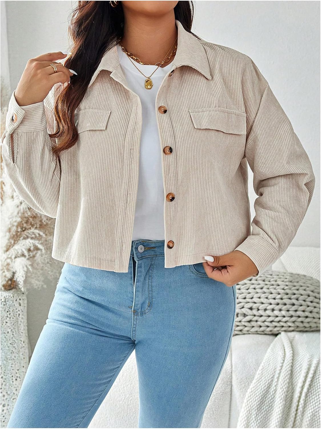 Floerns Women's Plus Size Going Out Corduroy Long Sleeve Button Down Winter Jacket Coat - Image 2