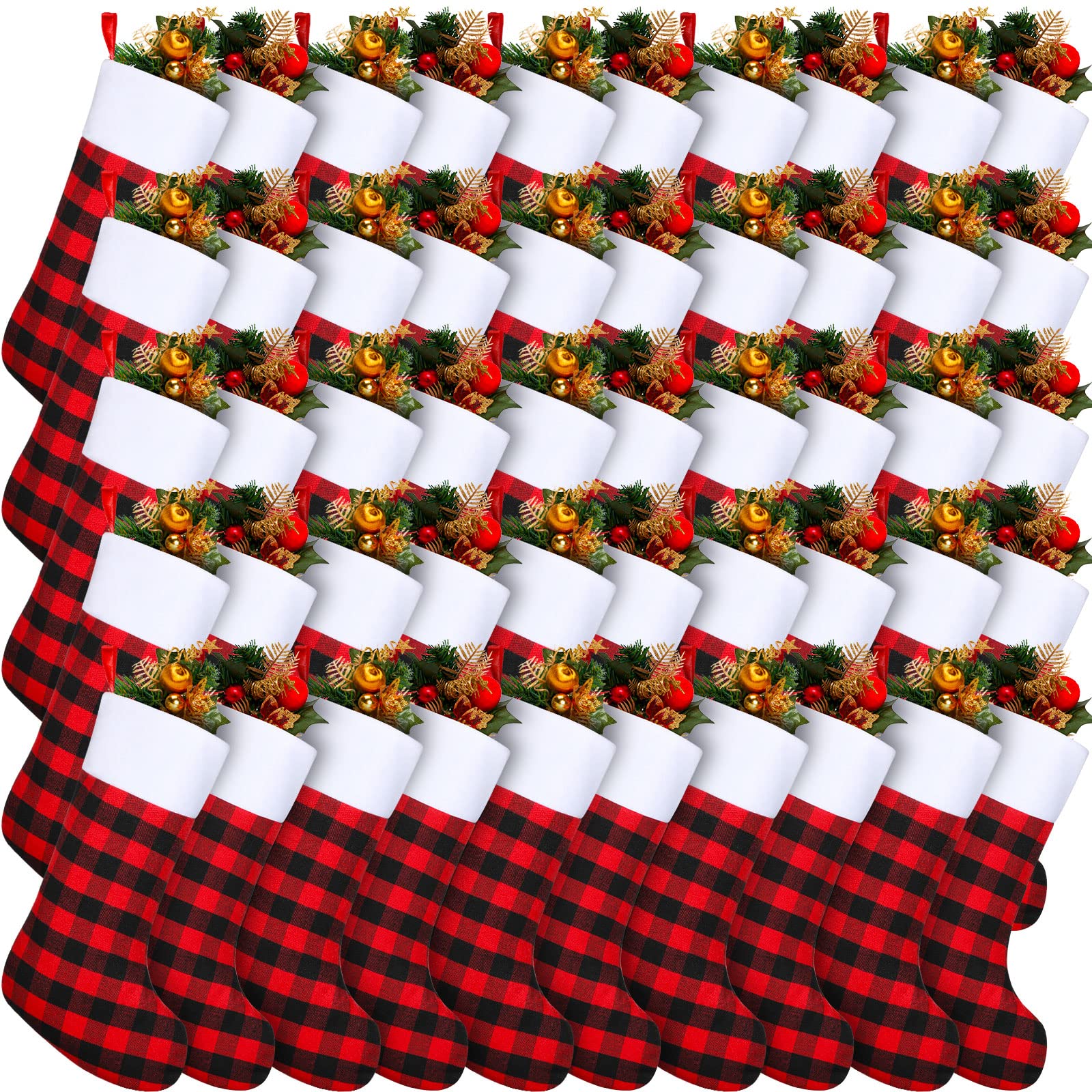 Lot de 50 chaussettes de Noël classiques à carreaux de 45,7 cm avec revers en peluche - Décorations pour la famille, les vacances, la décoration de fête de Noël (rouge et noir)