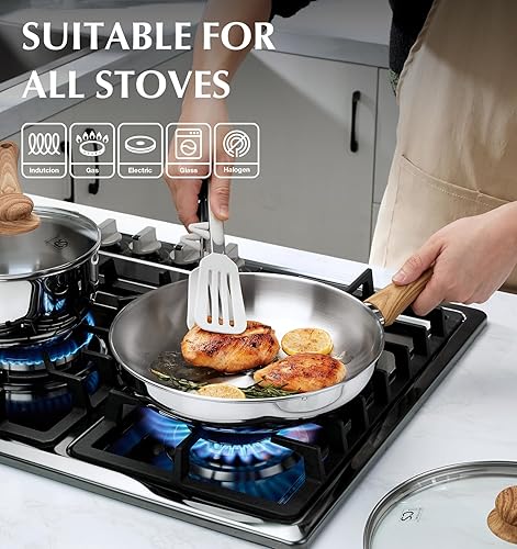 Miniatura 3 de KOCH SYSTEME CS Juego de sartenes de acero inoxidable con tapa, sartenes de acero inoxidable de 8 y 10 y 12 pulgadas con mango resistente al calor,