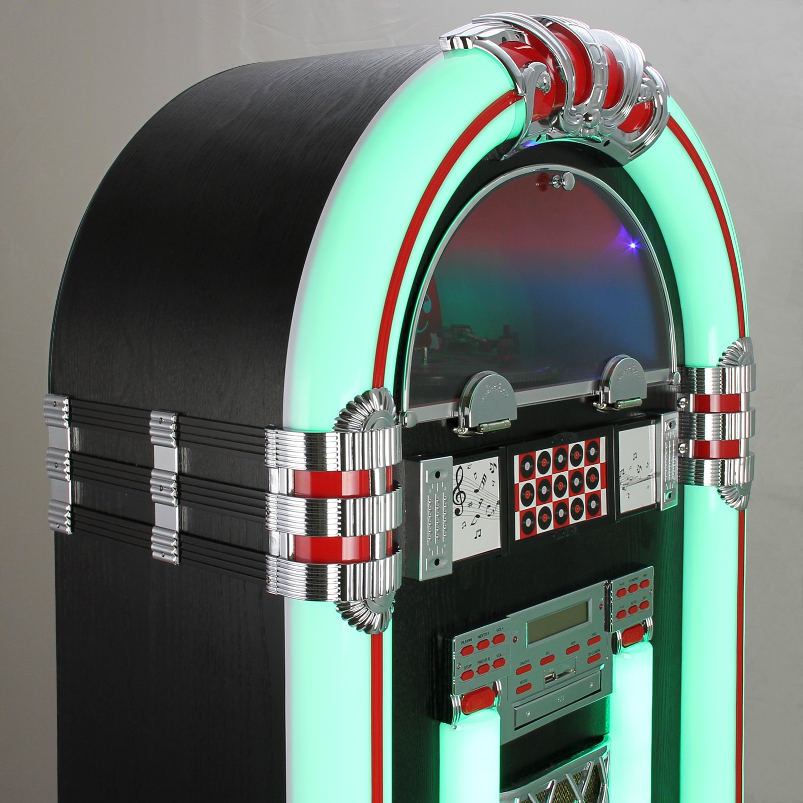 Monstershop Jukebox Holz-Gehäuse Retro 50er Jahre Musikbox mit Schallplattenspieler USB-SD-Slot, AUX, MP3 Player CD-Player Bluetooth Radio mit LED-Beleuchtung Fernbedienung 38cm x 64cm x 127cm