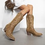 DREAM PAIRS Women's Cowboy Boots Mid Calf Cowgirl Boots Point Toe Chunky Heel Embroidery Stitched Western Boots