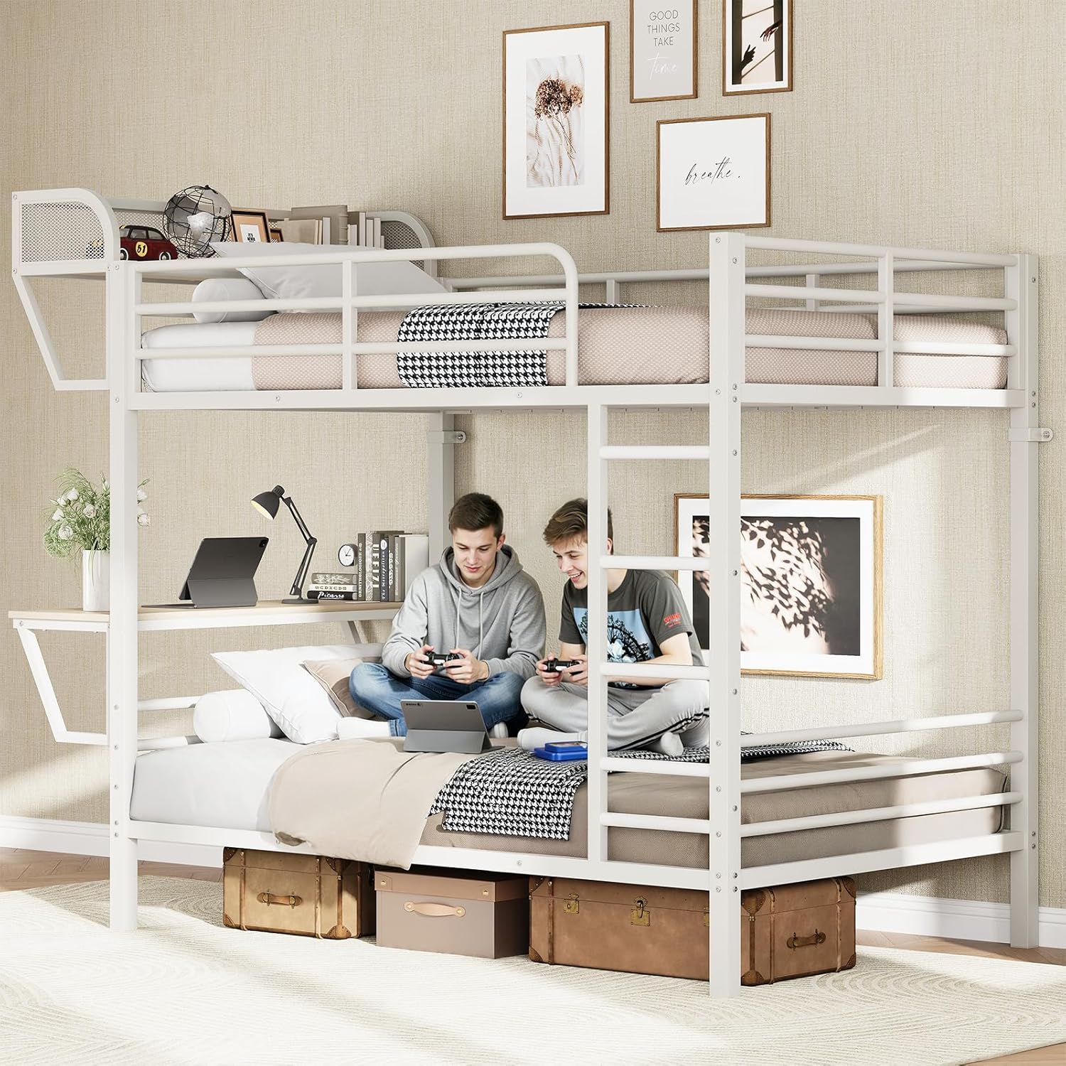 Bunk Bed Twin Over Twin with Charging Desk, Heavy Duty 2 Decker Bed, 2-Tier Metal Bed Frame with Safety Guardrail & Stairs, Upper Bed with Extra Shelf, Easy Assembly for Juniors Bedroom, Dorm, White