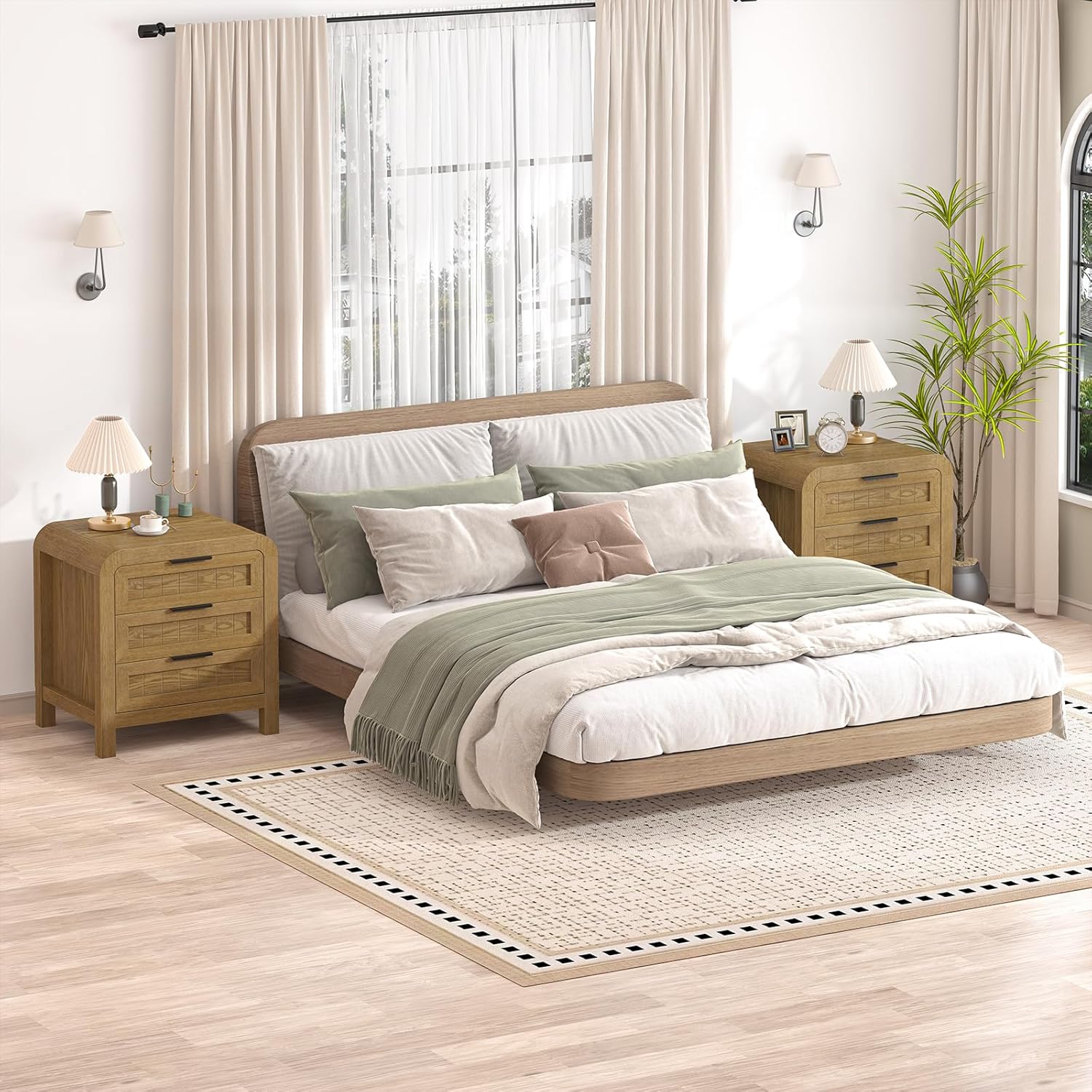 IKENO Curved NightStand Set of 2 with 3 Drawer, 21" Solid Wood Nightstand with Curved Surface, Bedside End Table for Living Room, Bedroom, Hallway (2, Teak, 3 Drawer)