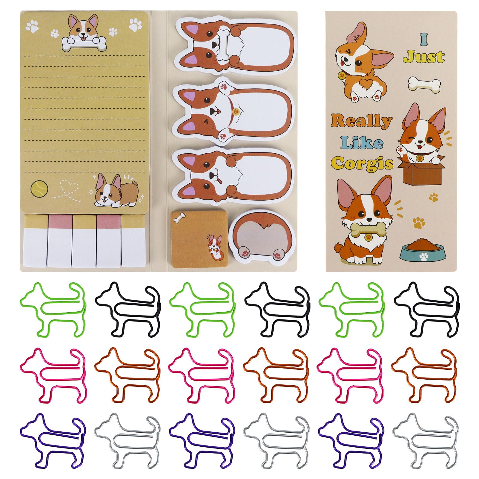 Buqoo Corgi Sticky Notes Themed Stationery Set, 1Notepad 20 Pcs Paper Clip with 3 Sticky Note Sheets Inside 5 Page Markers Tabs for Office School