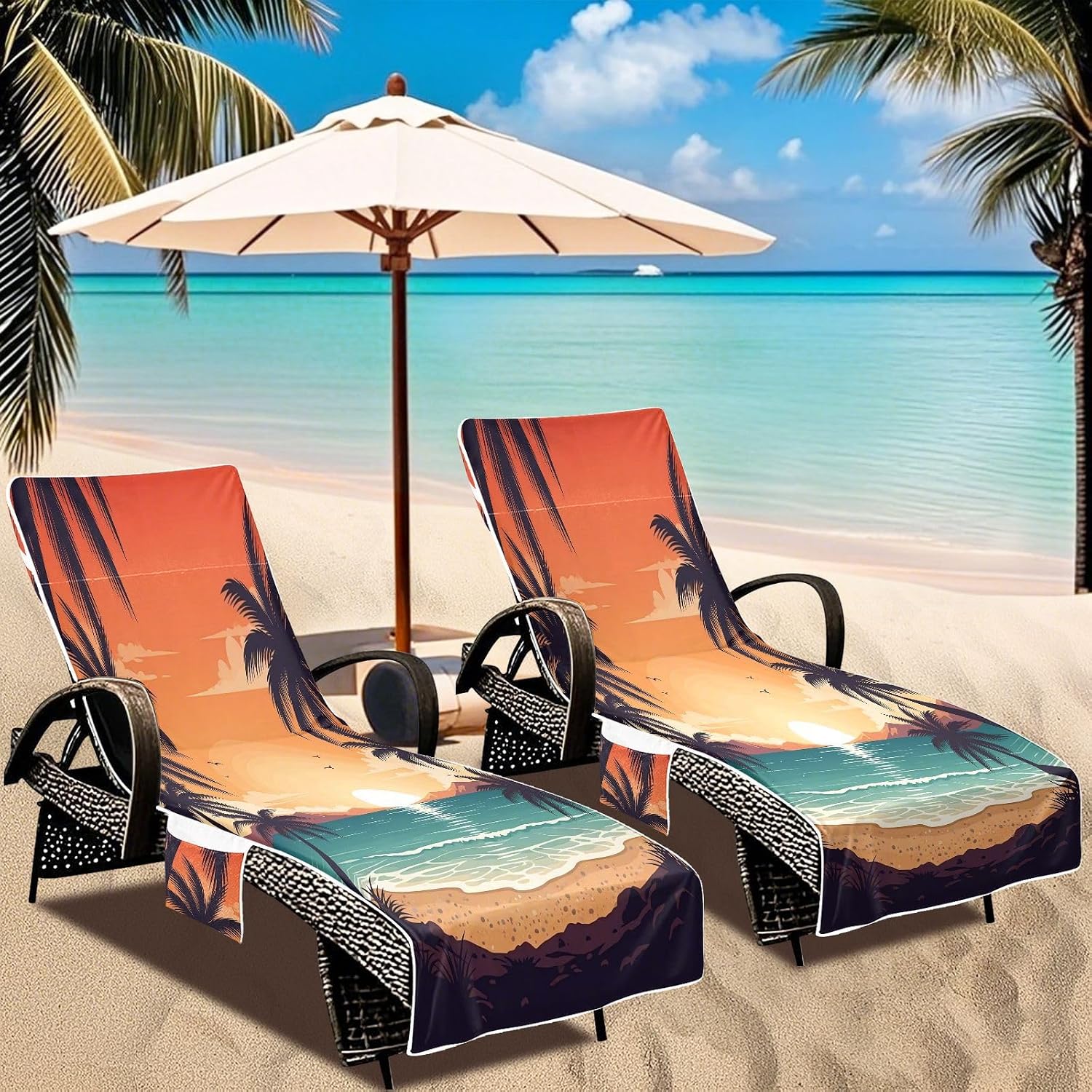Sunset Lounge Chair Towel Cover with Side Pockets – 85x30in Foldable Chaise Cover for Beach, Pool, Patio, Spa