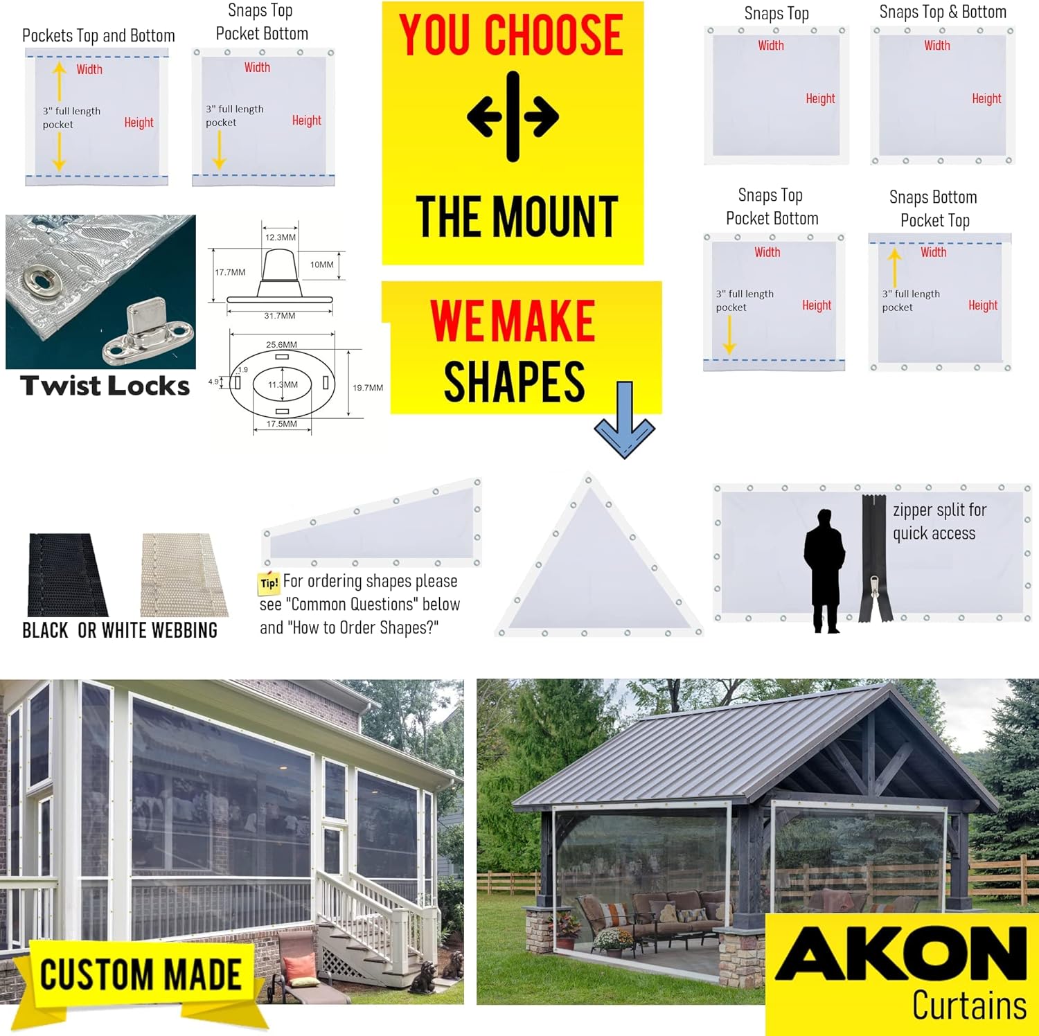 Akon Curtain Custom Clear Tarps with Twist Locks Fastener | Clear Vinyl with Door Access| Made to Order | Patios, Porch, Screen Rooms, Gazebos | Waterproof Tarpaulin