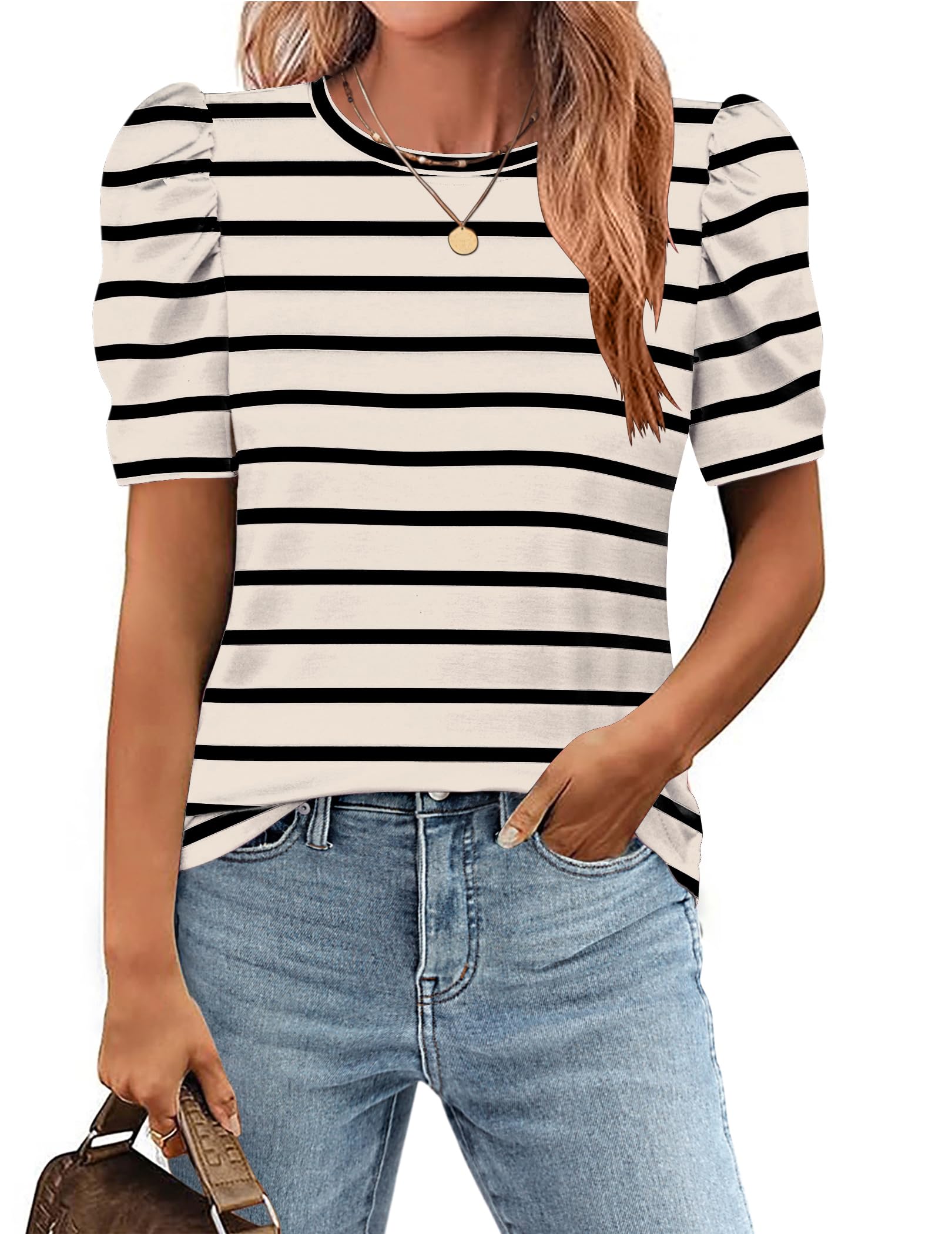 Zeagoo Blouse for Women Dressy Casual Puff Short Sleeve Boho Tops Fashion Floral Crew Neck Tunic Shirts Summer Clothes