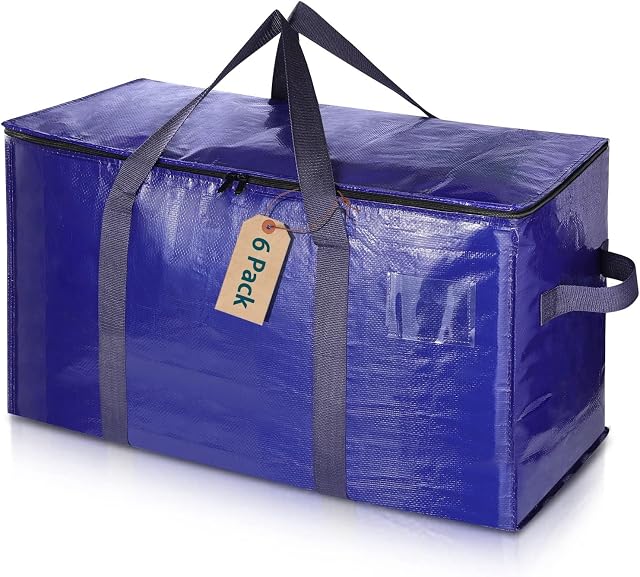Uhogo 110L 6 Pack Heavy Duty Extra Large Storage Bags - Thicker Waterproof Storage Bags with Zips for Moving, Travelling, Camping, University, Garden Tools, Holiday Decorations Storage - Blue