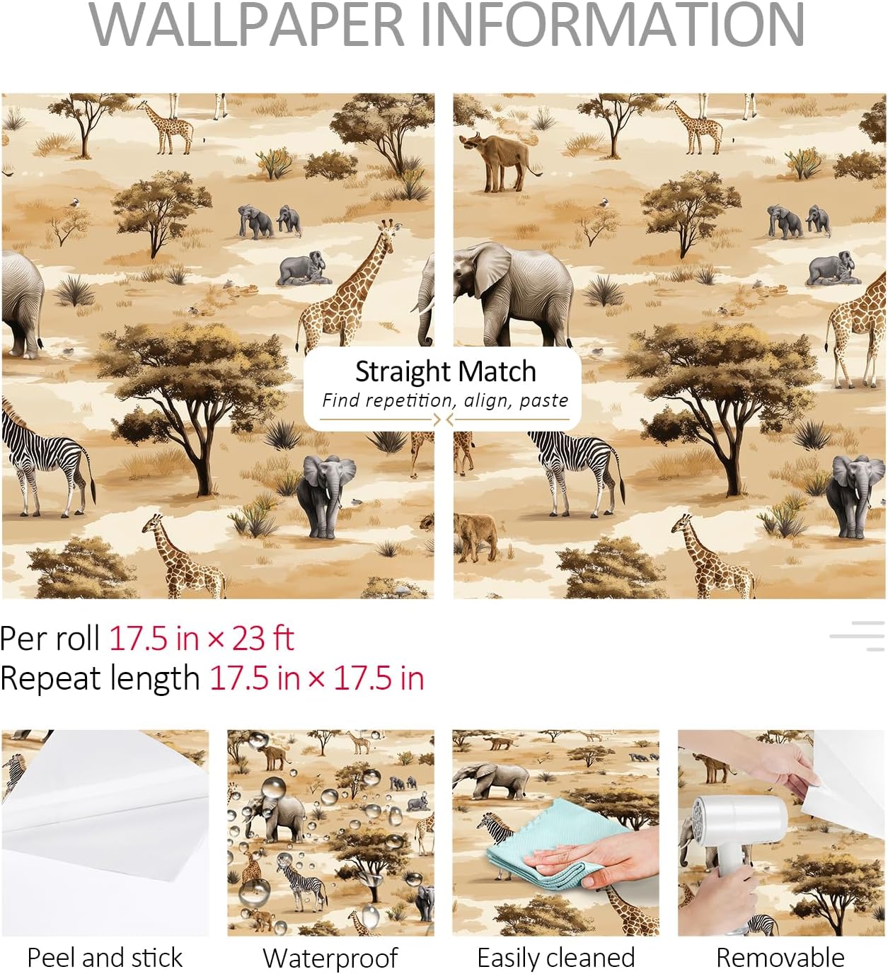 ReWallpaper 17.5inx23ft Wildlife Wallpaper Peel and Stick African Safari Animal Wall Mural Waterproof Jungle with Elephant Giraffe Zebra Accent Wall Decor Living Room Bathroom Nursery Office Classroom