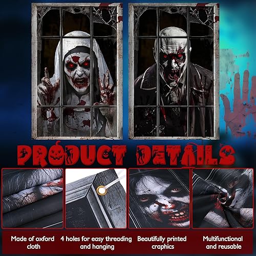 Miniatura 4 de Paquete de 4 cortinas de fantasmas de Halloween, cubierta de siluetas de ventana aterradoras de Halloween, fantasmas de terror, zombis masculinos y
