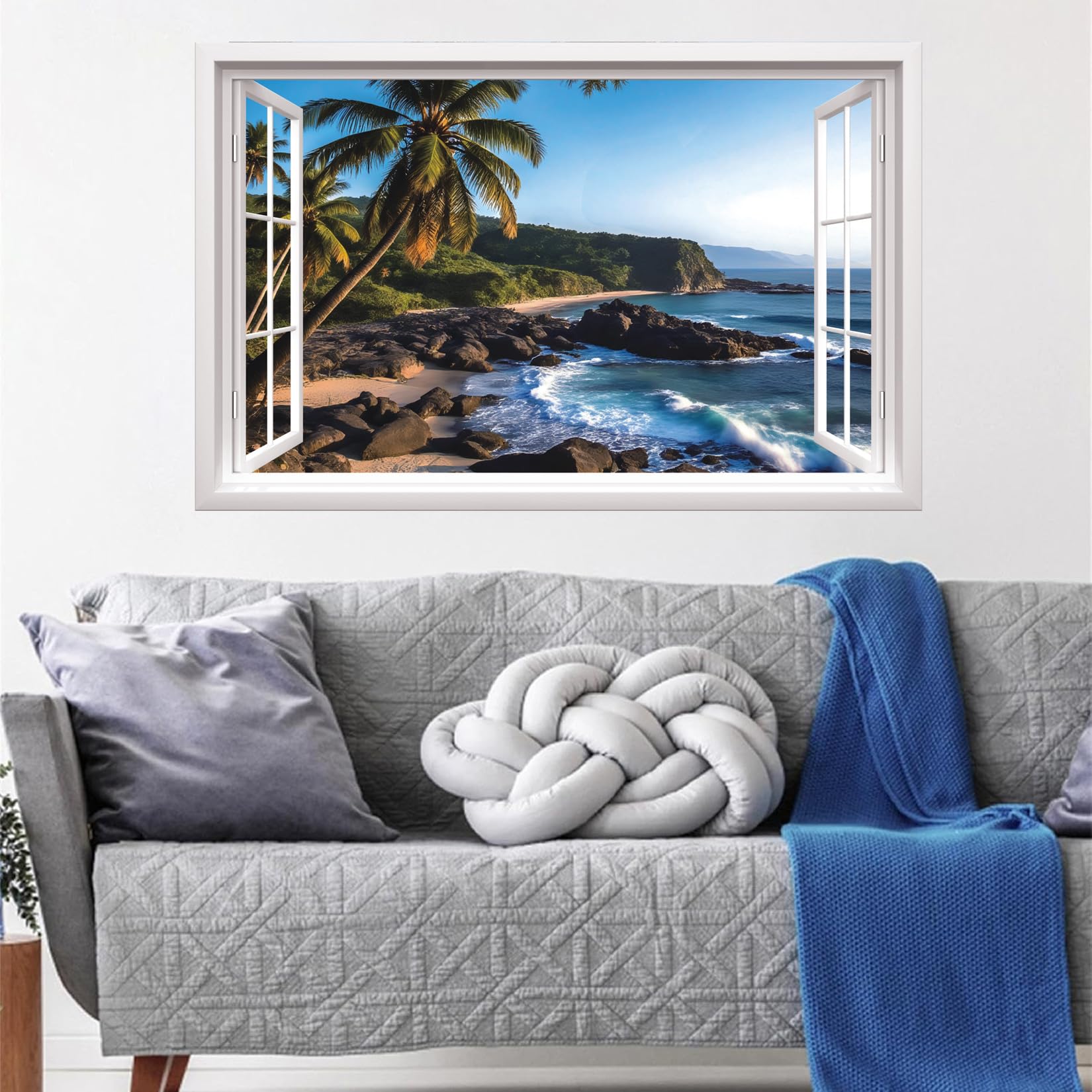 ANHUIB 3D Fake Window Wall Sticker 3D Seaside Landscape Wall Stickers 3D Sea View Wall Art for Living Room Sea Scenery Wall Decals for Bedroom Bathroom Removable Seascape Decals Mural Decor 84×52cm - Image 2