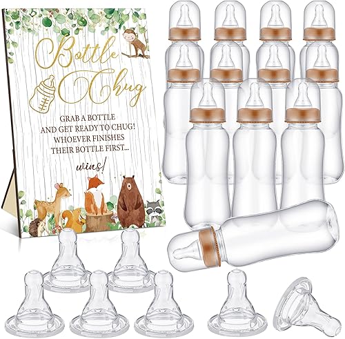 Vista 17 de TrelaCo Safari Cool Baby Shower Games Bottle Chug Sign Wooden Jungle Animals Set de regalo para revelación de género suministros de fiesta y 12 Verde