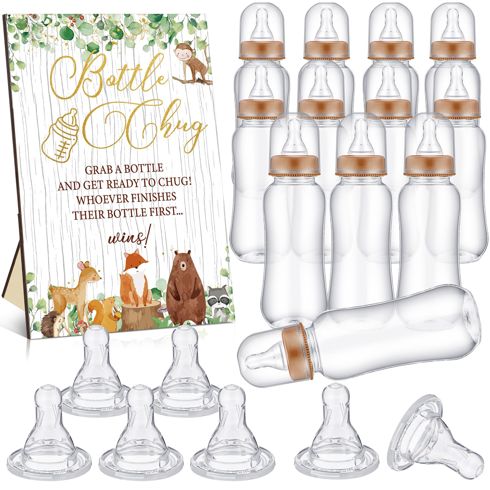 TrelaCo Woodland Animal Cool Baby Shower Games Bottle Chug Sign Wooden Woodland Gift Sets Gender Reveal Party Favors and 12 Pcs Baby Bottle Shower