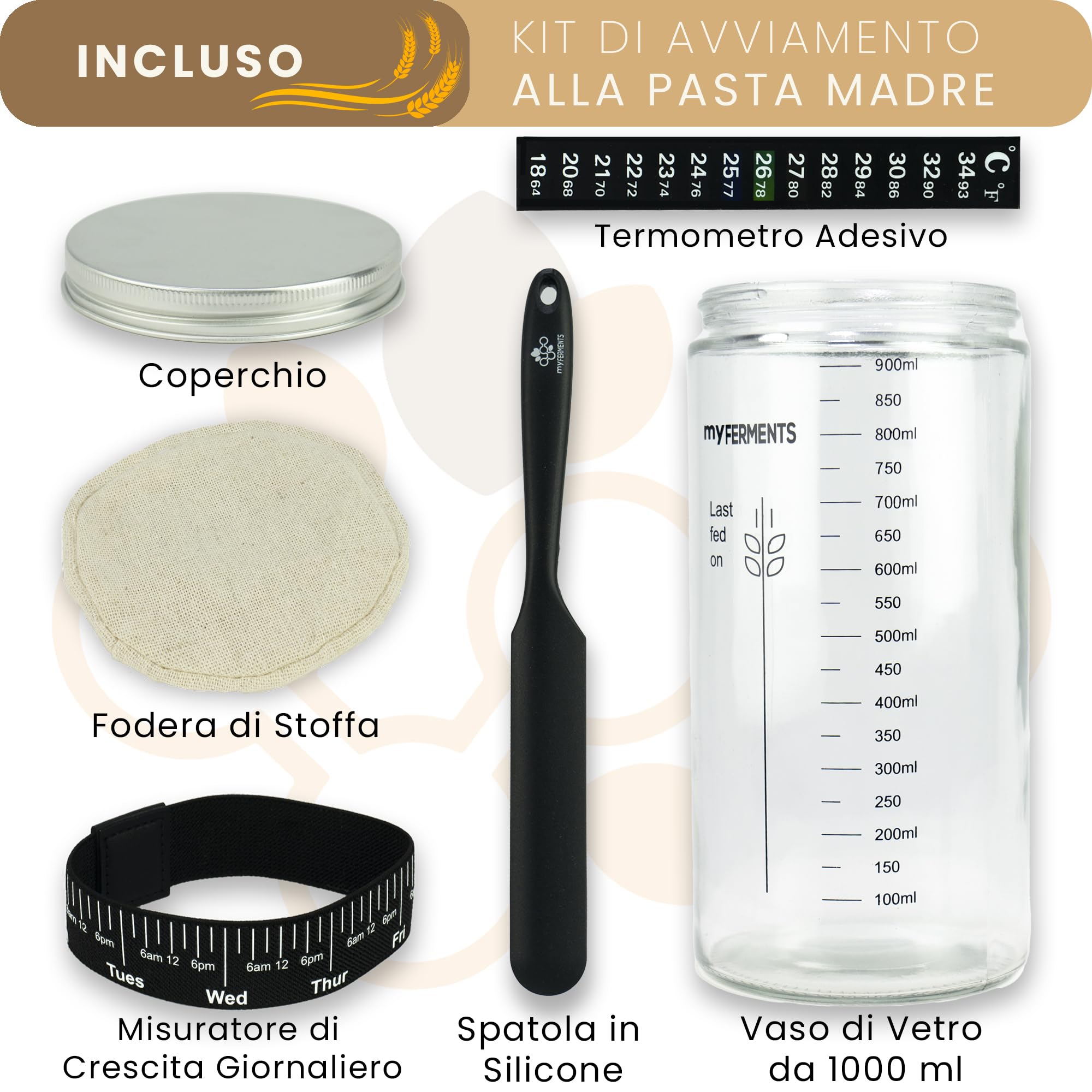 myFERMENTS - Barattolo per Lievito Madre 1000 ML | Kit Completo con Accessori | Contenitore in Vetro | Cinta Misuratrice e Termometro Inclusi | per Panificazione Casa
