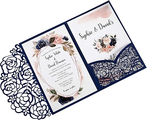 DreamBuilt Kit de invitaciones de boda de 47 x 7 pulgadas 50 unidades color azul marino en blanco corte láser bolsillo de rosa tarjetas de