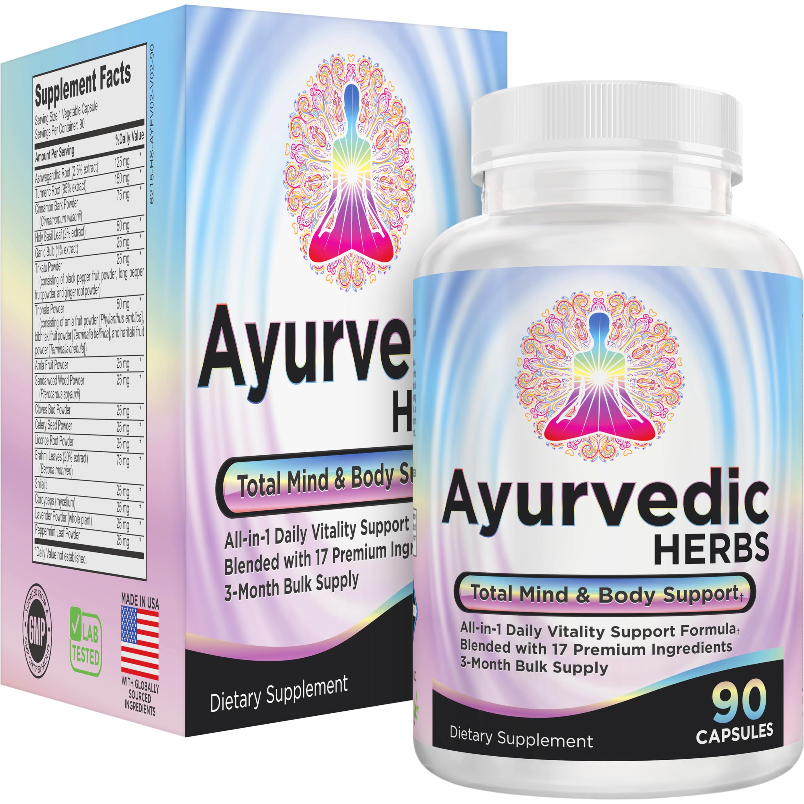 AYURVEDIC Herbs 3-Month Supply (All-in-1) Supplement Blend | Ayurveda Mind Body Spirit Herbal Complex with 17 Active Ingredients | Ayurvedic Supplements | 90 Capsules