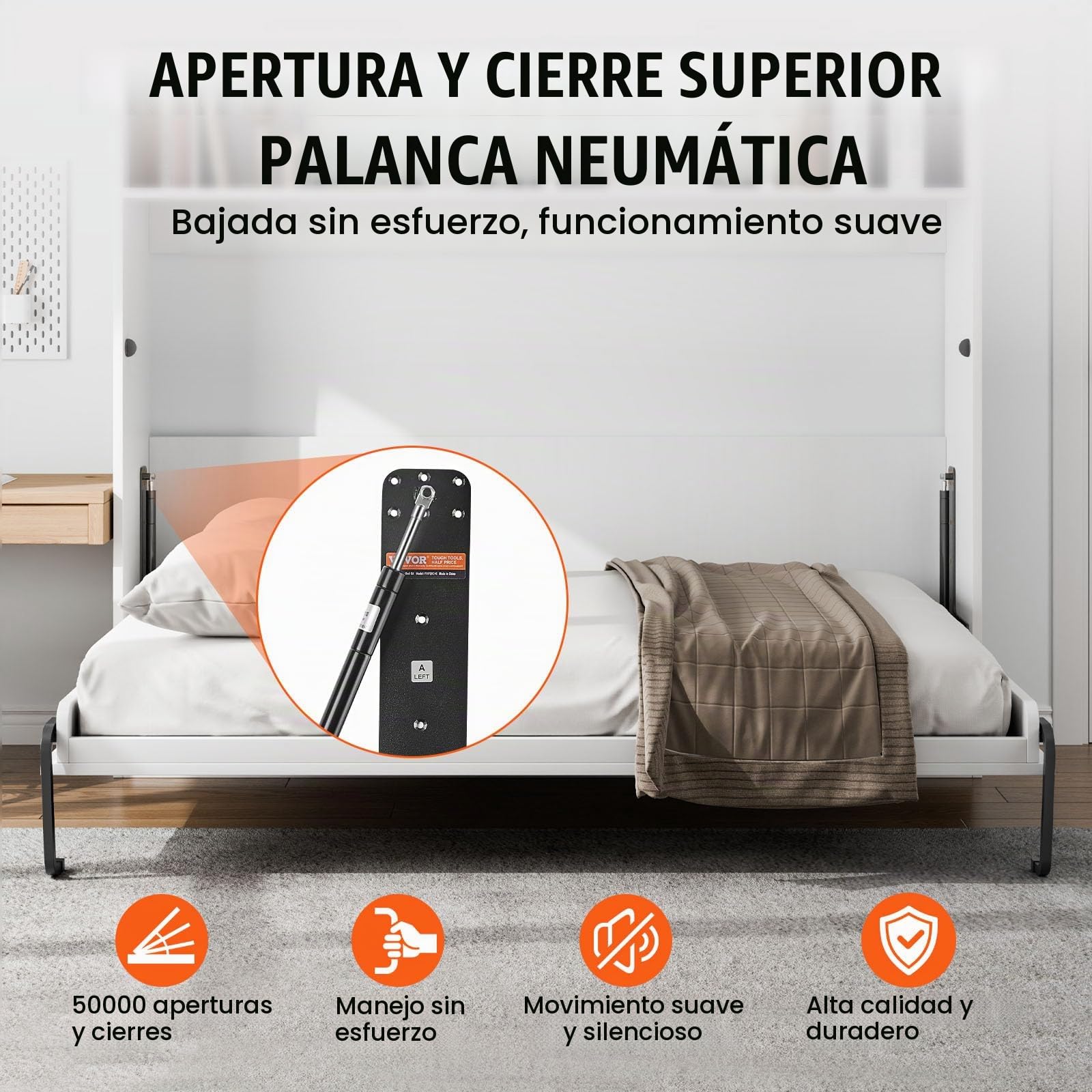 VEVOR Kit de Cama Plegable Tamaño Full Kit de Hardware Mecánico para Cama de Pared Vertical Soporte de Marco de Camas Resistente con Palanca Neumática Ahorro de Espacio con Gabinete Plegable