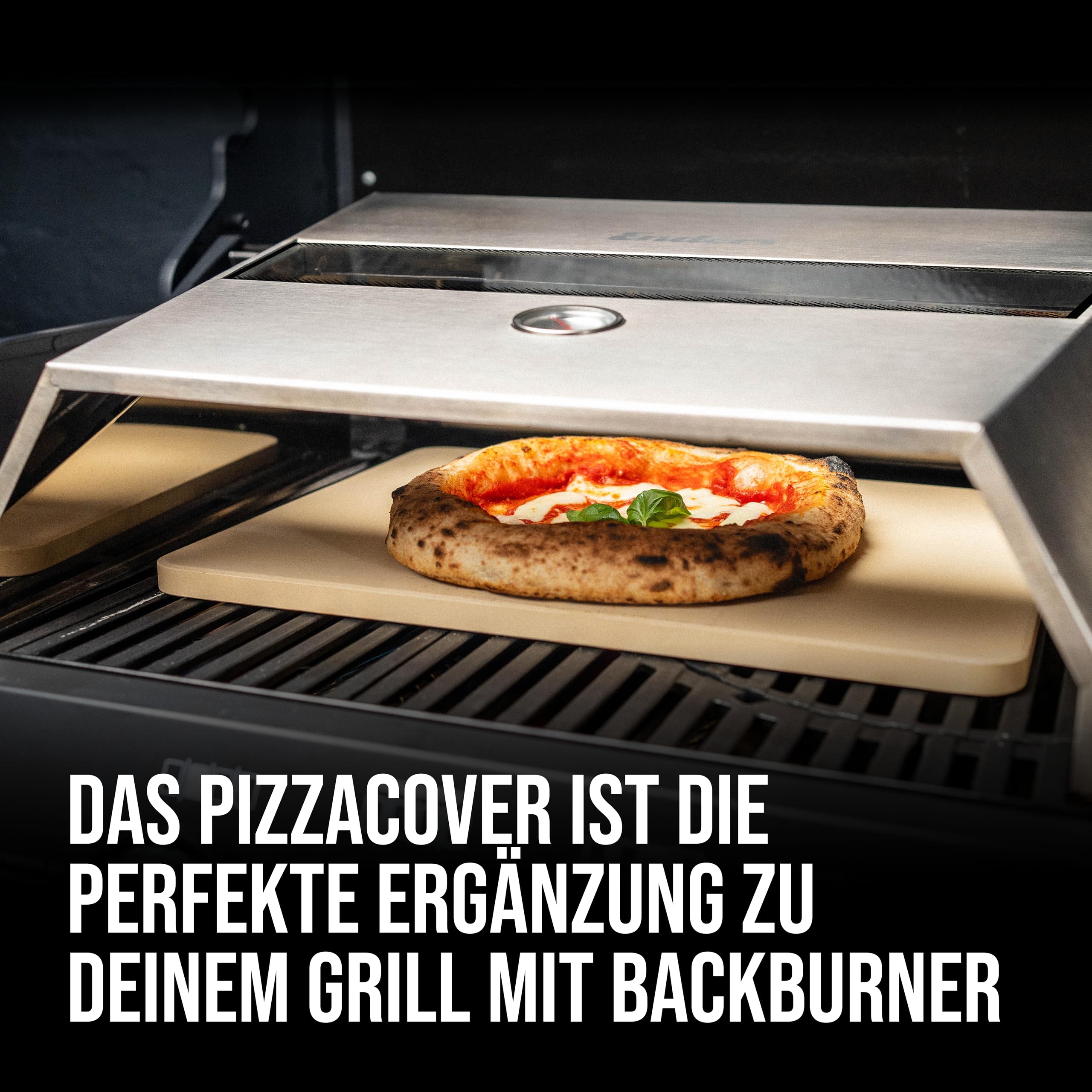 Enders® Pizzacover Turbo für Gasgrill mit Backburner, inkl. Thermometer, Pizza Grillaufsatz, inkl. Pizzastein 38cm x 30cm, Aufsatz mit Sichtfenster für EIN besseres Backergebnis #7881