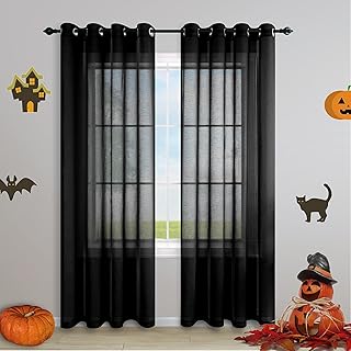 Black Curtains 96 Inches Long for Living Room Pack 2 Panels Grommet Window Drapes Linen Burlap Look Semi Sheer Privacy Floor Length Curtain for Dining Room Family Master Guest Bedroom Boho Decor 52x96