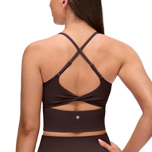 CRZ YOGA Butterluxe Twist Back Crop Tank Tops | Built in Bra, Light Support, Removable Pads, Yoga, Extremely Soft, Cut-Out Crossback, Longline Sports Bras for Women - Large - Hot Fudge Brown