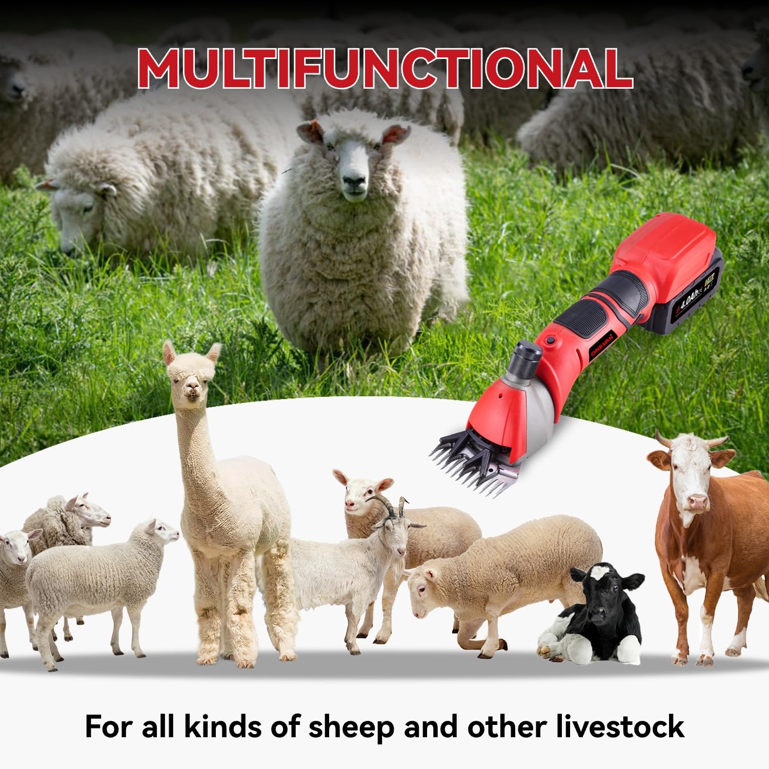 ONEVAN Esquiladora de ovejas, Cortapelos Para Ovejas de 500 W con 6 velocidades, 13 dientes, 2 baterías de 3.0 Ah, esquiladora inalámbrica para ovejas, alpacas (Rojo Oscuro)