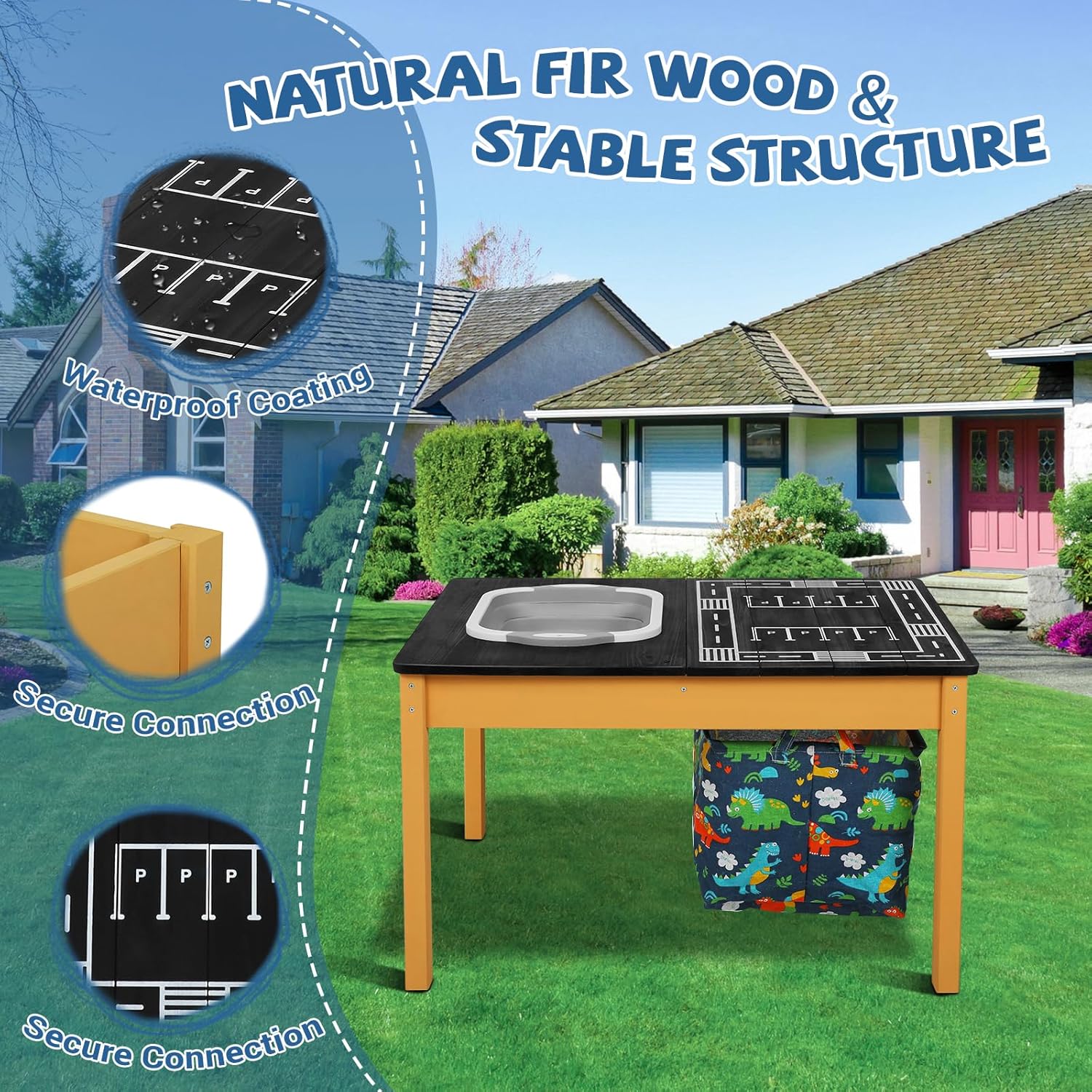 FAHKNS 3 in 1 Sand Water Activity Table,Wooden Outdoor Activity Table with Storage Bags, Detachable Water Basin with Drain Racing Track Kids Sensory Tables for Indoor & Outdoor