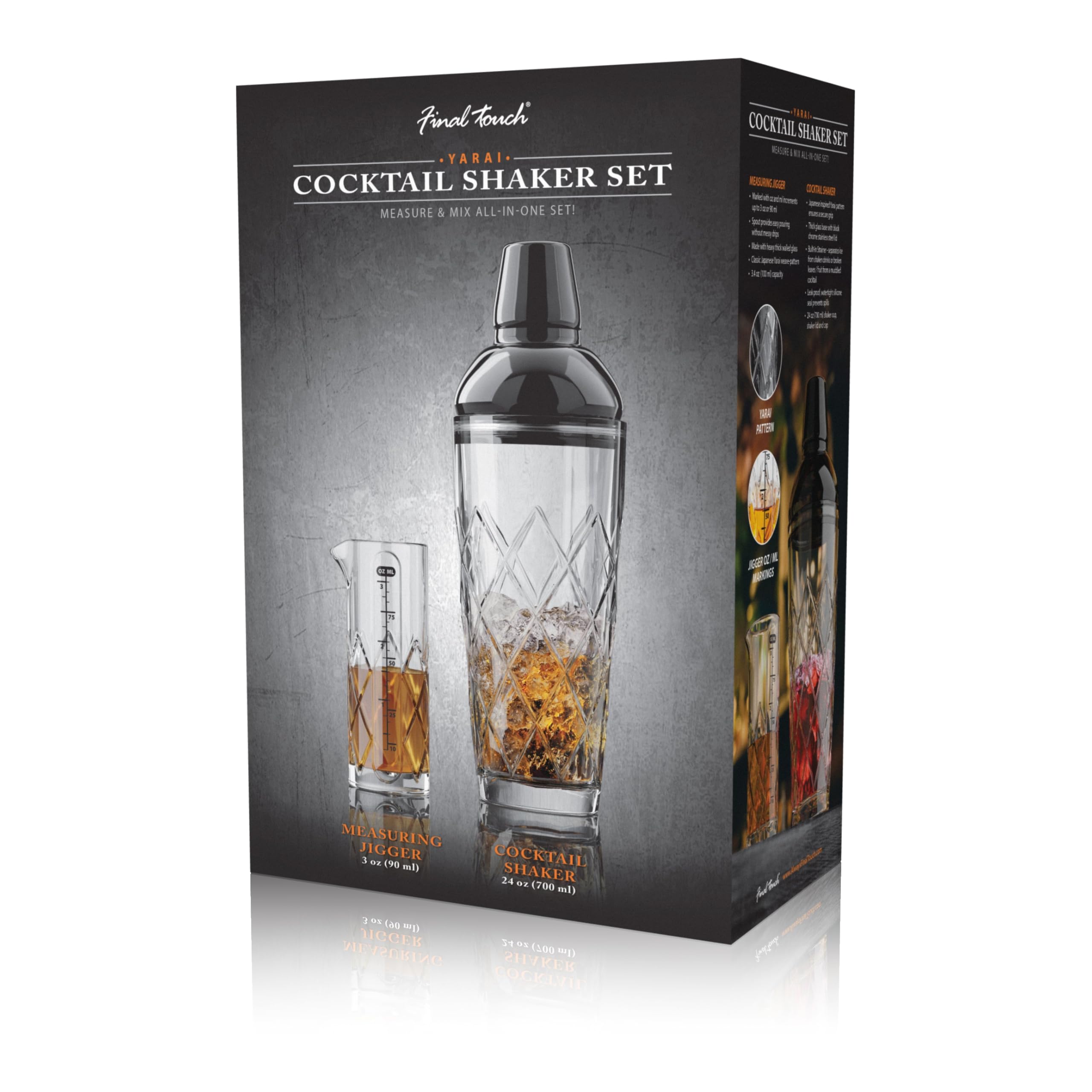Final Touch Yarai FTA1859-19 - Juego de coctelera de cocina japonesa con tapa cromada negra y medidor medidor - Kit de mezcla premium para camareros y el hogar - 24 onzas (700 ml)
