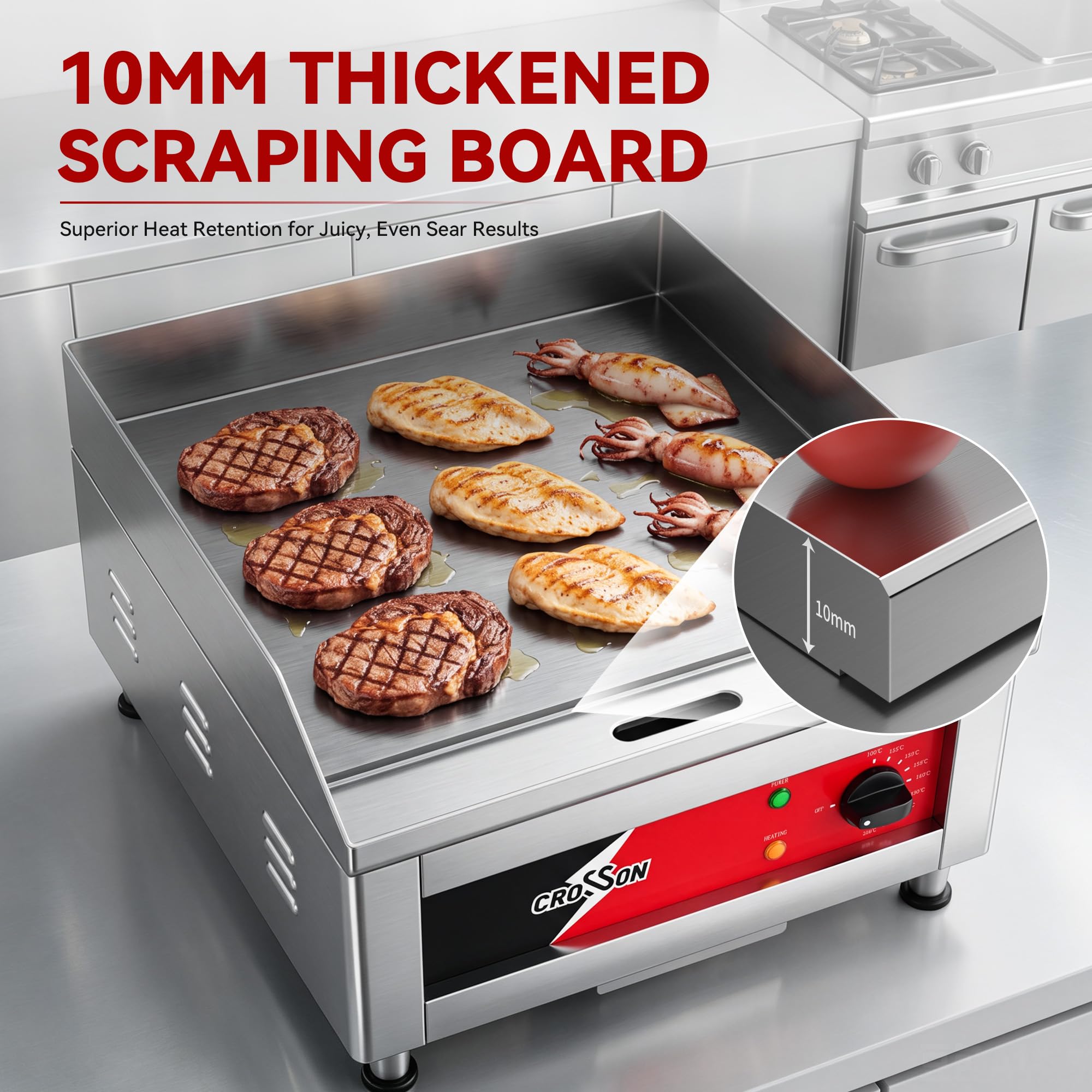 CROSSON 40 * 40CM Plaque chauffante électrique commerciale, gril plat avec plaque de cuisson en fer antiadhésif de 10 mm d’épaisseur pour restaurant et usage domestique -230V/2500W(EG-400C EU)