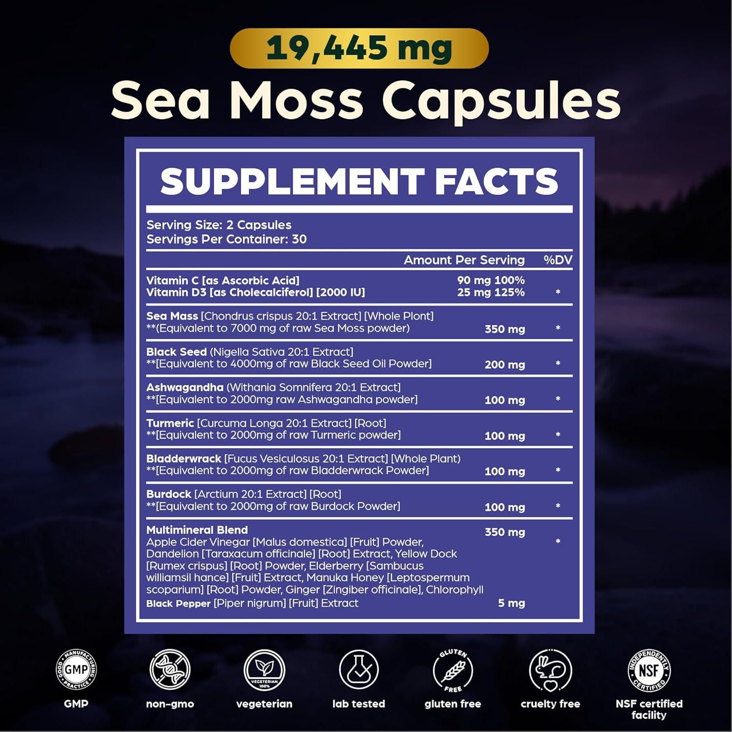 Anuva 16-in-1 Sea Moss Capsules | Black Seed Oil, Ashwagandha, with Vitamin C, D3, Turmeric, Burdock, Bladderwrack & Multi-Minerals | Immune, Skin, Joint & Energy Support | 60 Veggie Capsules